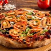 Veggie Pizza · Sliced tomato, black olives, mushrooms, green peppers and onions.