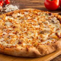 Garlic Chicken Pizza · Creamy garlic sauce, chunks of chicken, fresh tomatoes & onions, chopped garlic & Mozzarella...