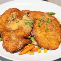 Crispy Jidori Chicken Schnitzel With Wild Mushrooms · herb spaetzle, romanesco, baby rainbow carrots,  meyer lemon & basil emulsion