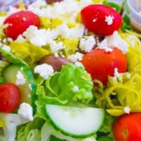 Greek Salad · Romaine lettuce, kalamata olives, pepperoncini, cucumbers, feta cheese with grilled chicken ...