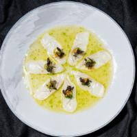 White Fish Carpaccio
 · Crunchy Miso, Red Onions, Serrano, Yuzu, Garlic chips