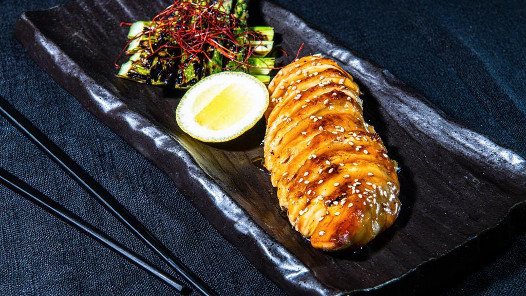 Grilled Chicken Breast  · Grilled and served with Teriyaki Sauce, Asparagus and Lemon