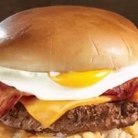 Breakfast Burger · Crispy tater tots, melted aged cheddar, applewood smoked bacon, mayonnaise and a fried egg.
...