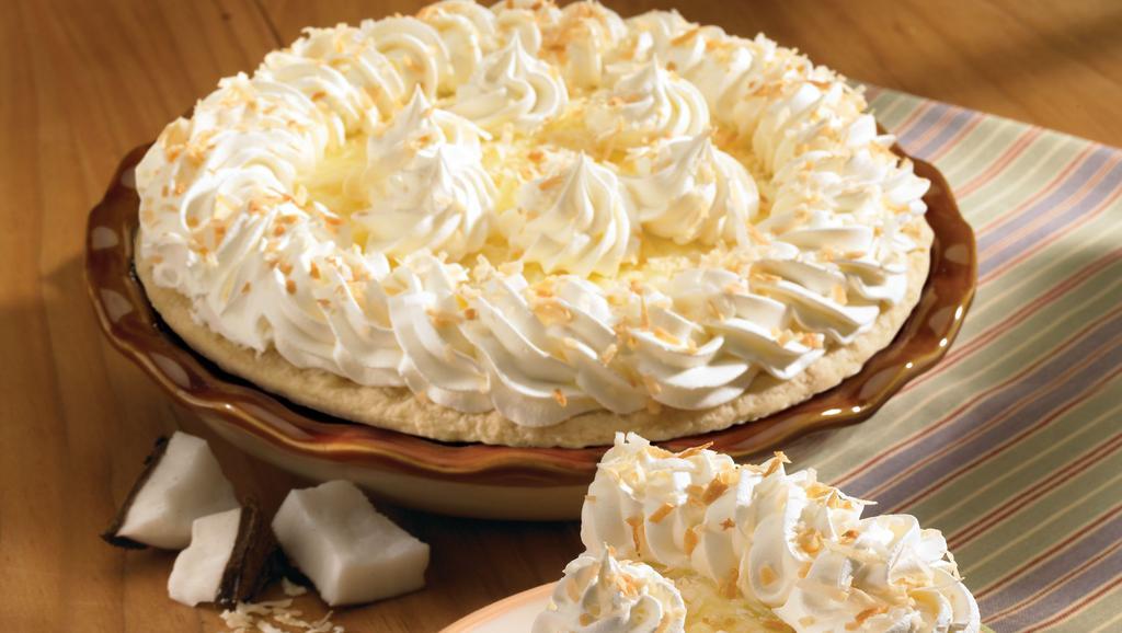 Whole Coconut Cream Pie · Coconut folded into our rich vanilla cream. Topped with fresh whipped cream.