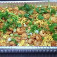 Party Tray Shrimp Fried Rice (Small) · Rice, Egg, Peas &Carrot, Fry in Seasame oil & Soy sauce with 42pcs soy sauce Shrimps and Gre...