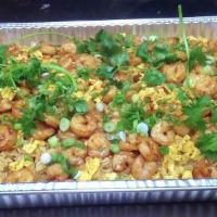 Party Tray Shrimp  Fried Rice (Large) · Rice, Egg, Peas &Carrot, Fry in Seasame oil & Soy sauce with 100pcs soy sauce Shrimps and Gr...