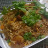 Shrimp Fried Rice (Large) · Rice, Egg, Peas &Carrot, Fry in Seasame oil & Soy sauce with 14pcs soy sauce Shrimps and Gre...