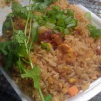 Shrimp Fried Rice (Small) · Rice, Egg, Peas &Carrot, Fry in Seasame oil & Soy sauce with 7pcs soy sauce Shrimps and Gree...