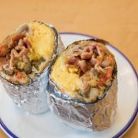 Bacon Burrito · Crispy bacon, tater tots, scrambled egg, jack cheese, pickled jalapeños. Red and green salsa...