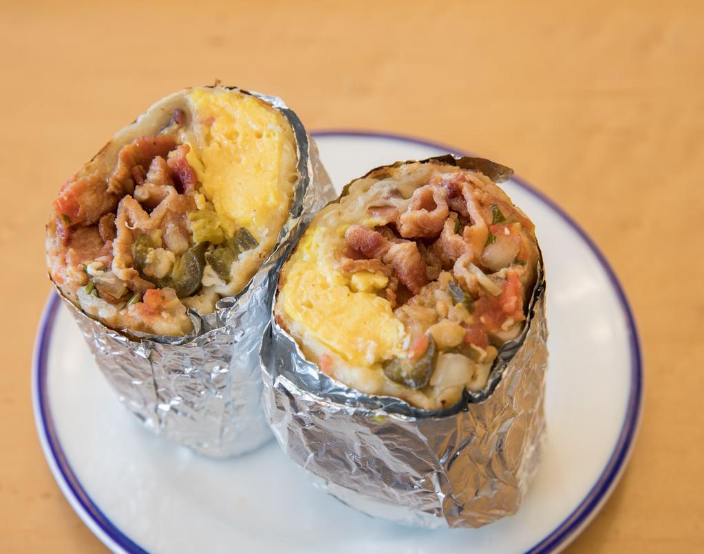 Bacon Burrito · Crispy bacon, tater tots, scrambled egg, jack cheese, pickled jalapeños. Red and green salsas on the side.