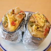 Veggie Burrito · Smoked veggie hash with potatoes bell peppers and onions, scrambled egg, jack cheese, pico d...