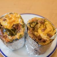 Hot Link Burrito · Hot link from bludso's bbq, tater tots, fried egg, cheese, pickled jalapeño. Red and green s...