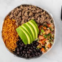 Beef Mexican Bowl · White rice, beans, avocado, pico de gallo. Served with three corn tortillas.