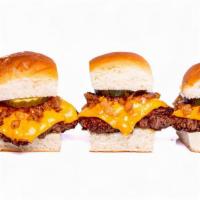 Beef Sliders (3) · griddled beef patties, with steamed onions, dill pickle, melted American cheese on buttered ...