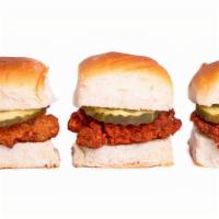 Fried Chicken Sliders (3) · fried chicken bites, served Classic or Spicy, with dill pickle on a buttered Hawaiian bread ...