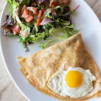 Ham & Cheese Crepe · Ham, cheese and topped with organic egg sunny side up. Served with salad.