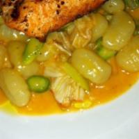 Salmon Piccata Serves 4-6 People · Pan-roasted Salmon fillet with a fresh lemon caper the white wine butter sauce.