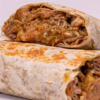 Chile Verde Burrito · Pork chunks in green sauce with beans and rice.