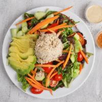 Tuna Salad · Spring mix, cucumber, tomato, carrots, avocado and kalamata olives.