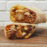 Buffalo Soldier Burrito - Chicken + Bacon · flour tortilla rolled up + stuffed with tater tots, jack cheese, shredded buffalo chicken, b...