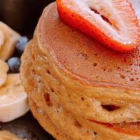 Macho Pancakes · Contains Egg.  Fresh plantains and eggs form the base of the lightest and fluffiest pancakes...