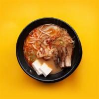 Kimchi Ramen · spicy chicken broth // topped with pork belly, steamed tofu, 1/2 ramen egg, bean sprouts, sa...