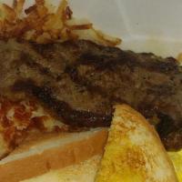 1/2 Lb. Ground Chunk Steak And Eggs · 100%‎ ground chunk steak, 3 eggs, served with potatoes or hash brown, toast and jelly.