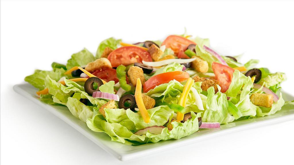 Garden Salad · Iceberg lettuce, bell peppers, red onions, black olives, fresh Roma tomatoes, mozzarella cheese, Cheddar cheese, seasoned croutons, and your choice of dressing.