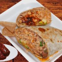 Chicken Chipotle Burrito · Rice, beans, cheese, avocado, pico de gallo, chipotle sauce & chicken breast.