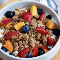 Yogurt, Granola & Fruit Bowl · Straus organic Greek yogurt, Nana Joe’s cluster blend granola, seasonal fruit