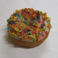 Fruity Pebbles · Raised yeast donut with white chocolate, topped with Fruity Pebbles