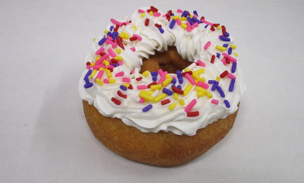 Birthday Cake · Vanilla cake donut with vanilla buttercream frosting, topped with fantasy sprinkles.