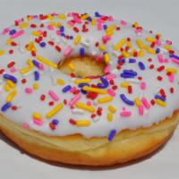 Vanilla Sprinkle · Raised yeast donut with vanilla icing, topped with sprinkles