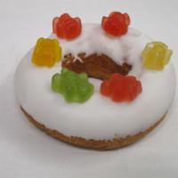 Gummy In My Tummy · Vanilla cake donut with vanilla icing, topped with gummy bears