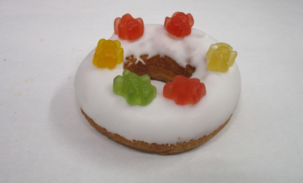 Gummy In My Tummy · Vanilla cake donut with vanilla icing, topped with gummy bears