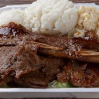 Hawaiian Bbq Mix · BBQ chicken, BBQ beef and kalbi short ribs. A meat lover's favorite!