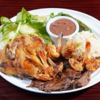 Cielo Mar Y Tierra · Grilled steak, grilled chicken and grilled shrimp, served with rice, refried beans, grilled ...
