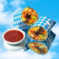 Spicy Steak Breakfast Burrito · Eggs, carne asada, tater tots, melted cheese, jalapenos, caramelized onions, avocado, hot sa...