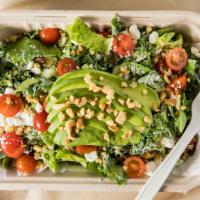Green House Salad · Gluten-free, Contains Nuts, Vegan Option. Mixed greens, avocado, tomatoes, walnuts, feta che...