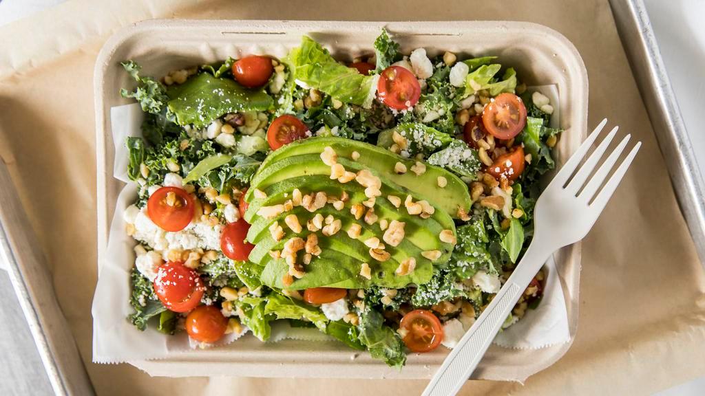 Green House Salad · Gluten-free, Contains Nuts, Vegan Option. Mixed greens, avocado, tomatoes, walnuts, feta cheese, flaxseed, and a balsamic vinaigrette.
