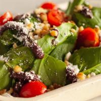 Mediterranean Salad · Gluten-free, Contains Nuts, Vegan Option. Spinach, olive tapenade, feta, tomatoes, walnuts, ...