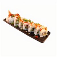 Spider Roll · Non raw roll. Deep fried soft shell crab, cucumber, avocado & crab mix topped with unagi sau...