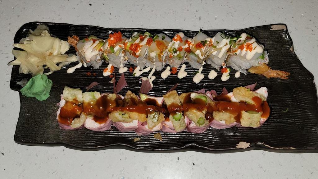 Nemo Roll · Raw. Hot and spicy. No rice. Albacore tuna, red tuna, crab mix, avocado, soy wrap, topped with chopped tempura asparagus, teriyaki sauce, spicy sauce.
