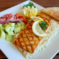 Grilled Salmon Plate · Charbroiled wild salmon, grilled to perfection. Served with pita bread, salad, and choice of...