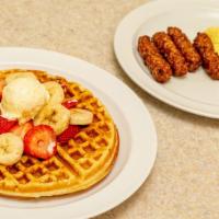 Waffle, Eggs & Meat · 1 Belgian Waffle with 2 eggs and choice of meat.