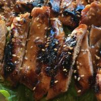 Grilled Chicken Salad · Tender slices grilled of grilled teriyaki chicken served over a bed of romaine salad with ou...