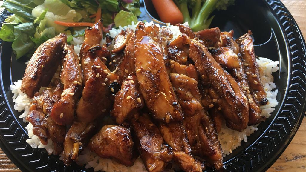 Teriyaki Chicken Plate · Tender slices of grilled chicken marinated with our house teriyaki sauce. Served with white rice and side salad with our tangy house vinaigrette and sprinkled with sesame seeds on top.