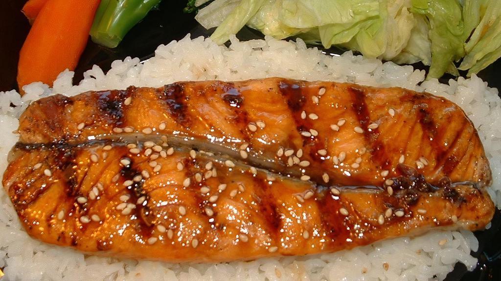 Teriyaki Salmon Plate · The freshest, flakiest grilled salmon paired with our house teriyaki sauce. Served with white rice and side salad.