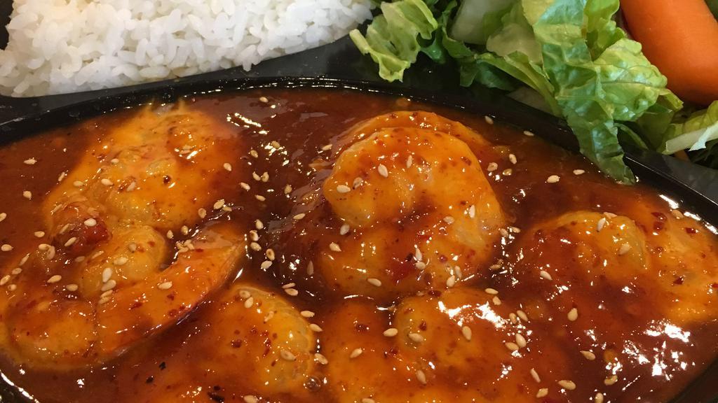 Spicy Shrimp Scampy Plate · Today is your lucky day. Seven pieces of succulent jumbo shrimp, cooked with house spicy scampi salad. sauce. Served with white rice and side salad.