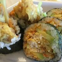 Soft Shell Crab Rolls · 6 pcs. Fried soft shell crab, crabmeat, cucumber avocado and green onion.